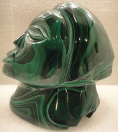 malachite carved face of woman - special exhibit at Rice Northwest Rock and Mineral Museum