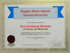 People's Choice Award for Best Attraction from the Washington County Visitor and Tourism Bureau 2013.