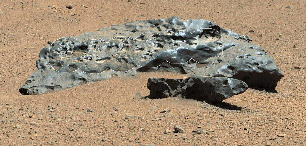 Photograph from Curiousity on Mars of the largest Iron Meteorite found on Mars. Image by NASA.