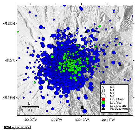 Earthquakes recorded 2002-2012 under Mt St Helens by Pacific Northwest Seismic Network.
