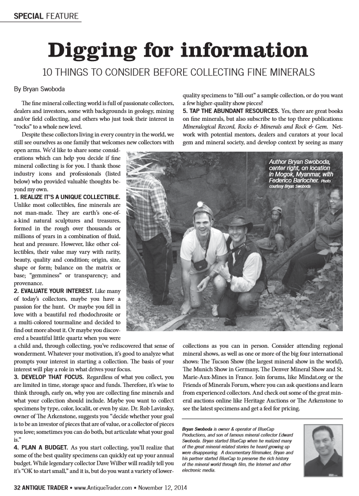 Print version of Antique Trader Magazine Article on Fine Mineral Collection featuring the Rice Northwest Rock and Mineral Museum.