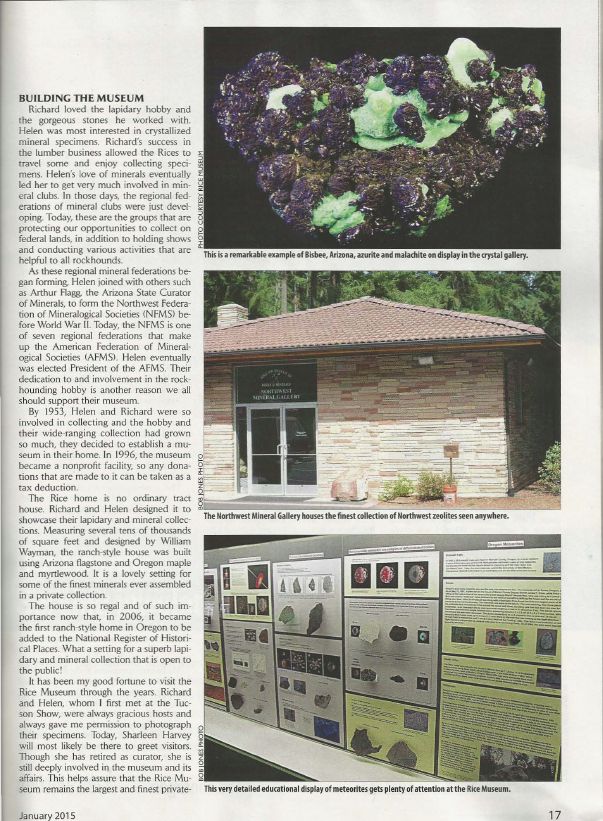 Page 17 from the January 2015 Rock and Gem Magazine article on the Rice NW Museum.