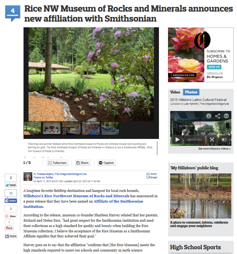 Screenshot of Oregonian article on Rice NW Museum and Smithsonian affiliation.