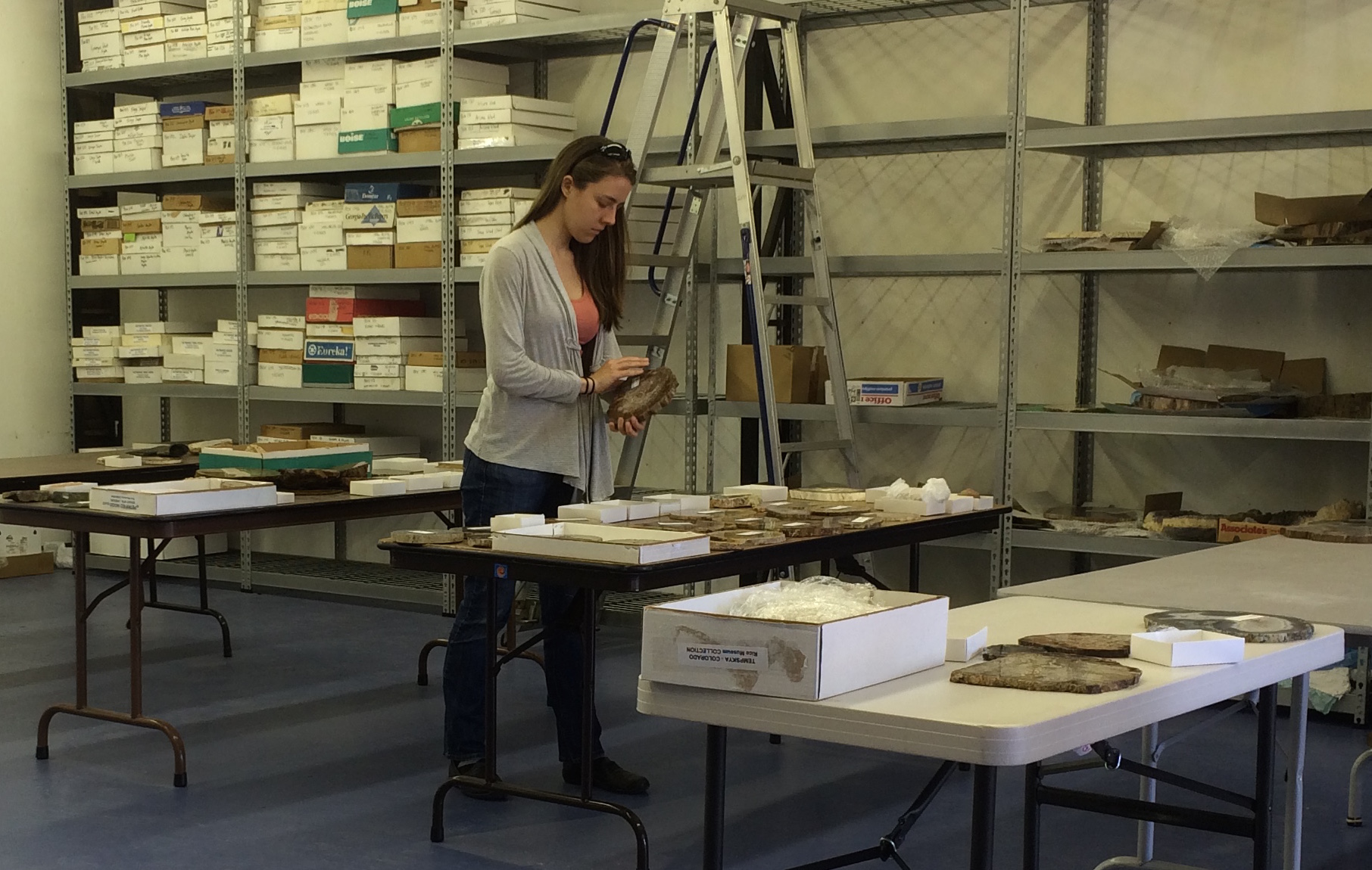 Curator Leslie Moclock stands at table with rock and mineral specimens at Rice Northwest Rock and Mineral Museum in Hillsboro, Oregon.