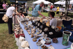 Geodes and other minerals and rocks for sale at vendor booth.