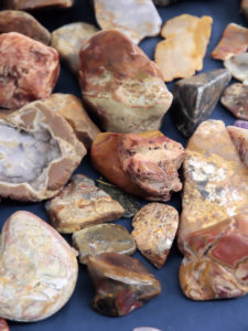 Closeup of rocks for sale in booth.