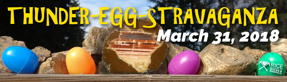 Thunder-Egg-Stravaganza, March 31, 2018. Image depicts a polished thunderegg surrounded by four plastic Easter eggs.
