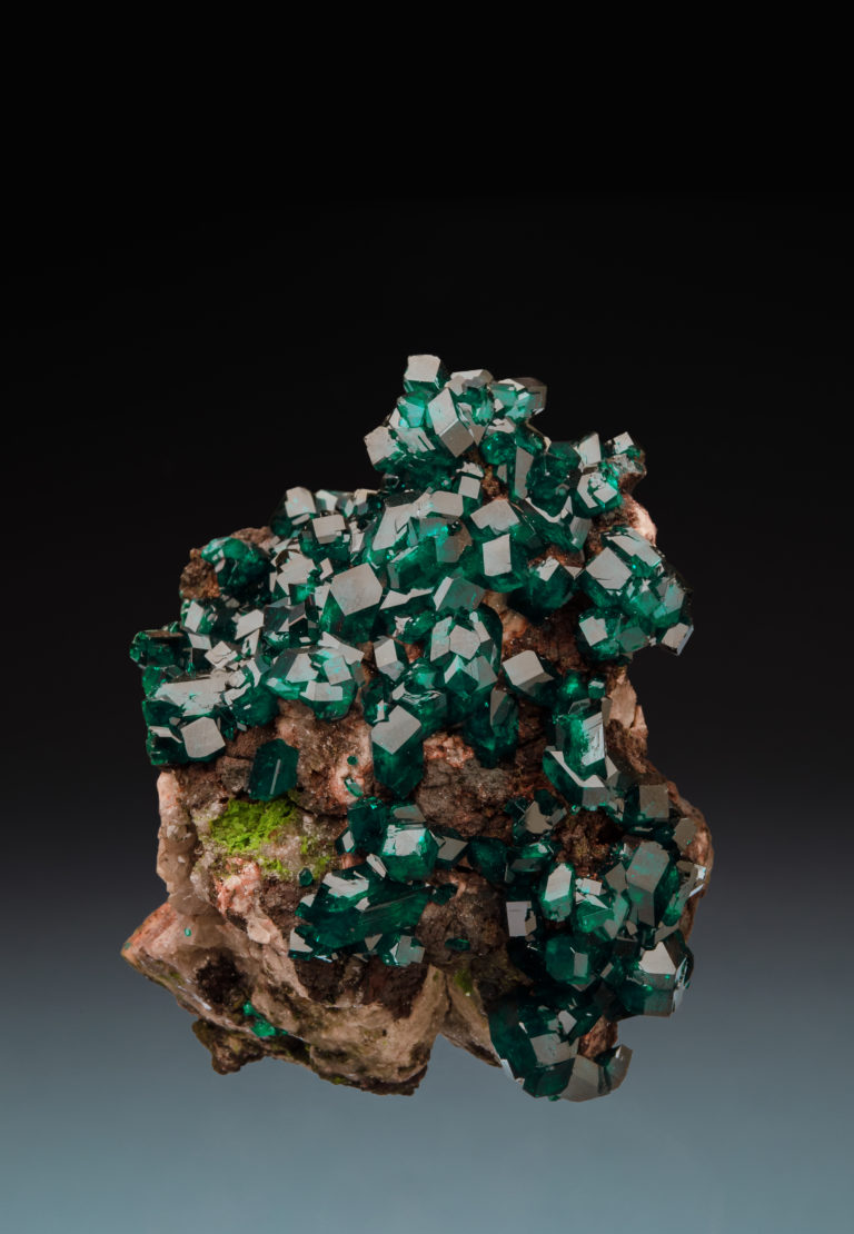 Small teal-green gemmy cubic crystals cover a brown rock.