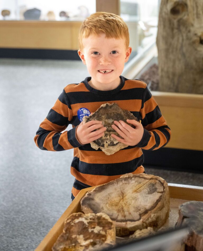 Child holding rock in a museum setting.
