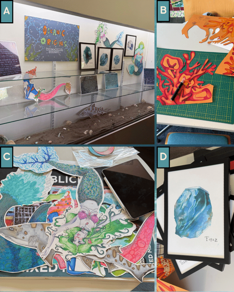 A grid of four photos labelled A, B, C, and D showing steps of the Oceanic Origins exhibit being installed