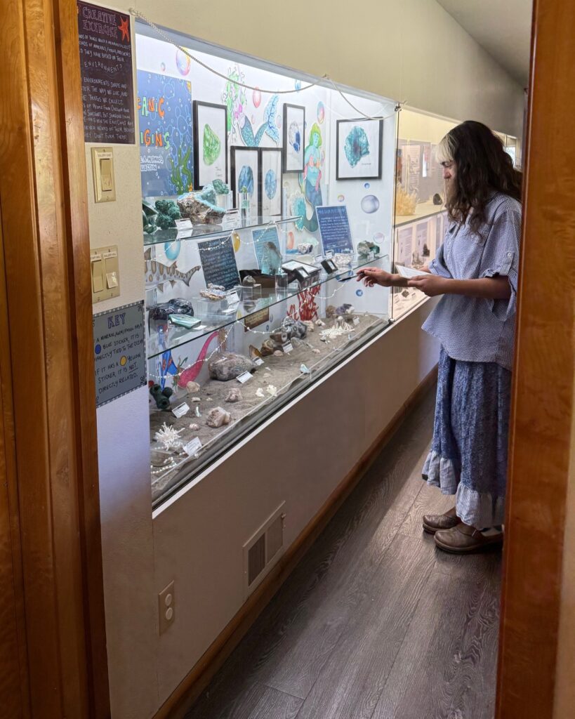 Intern Paulina in front of a long display case with a variety of minerals and signage on the top two sleeves. A sand tray spans the bottom shelf with shells and more minerals. Artwork of mermaids and sea life hang on the back wall.